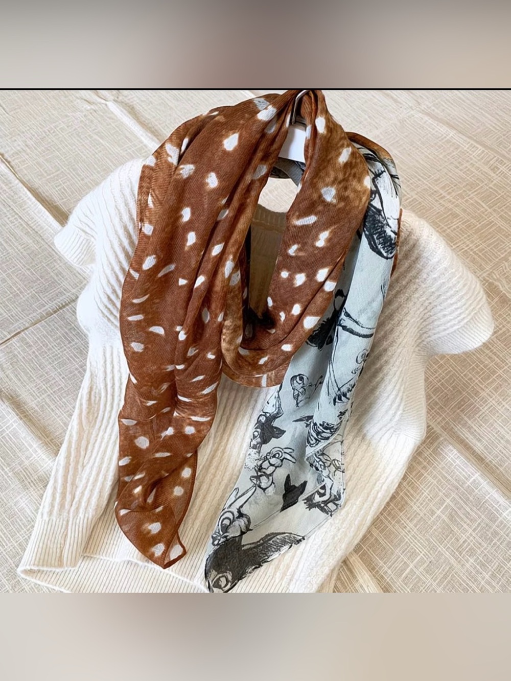 Brown & Cream Bambi deer Printed Womens Scarf - Lightweight Fashion Accessory